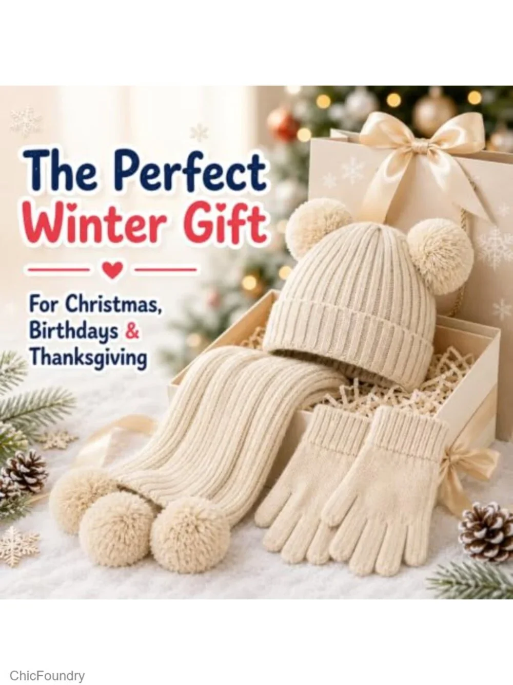 Kids Double Pom Beanie Hat Gloves Scarf Set Fleece Lined Winter 3-Piece